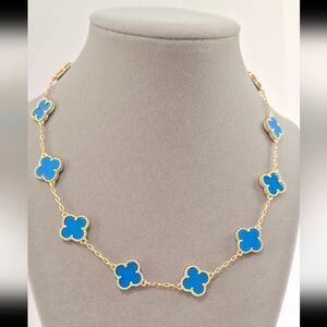 Gold filled Sky Blue Enamel double sided four leafs Clovers Necklace